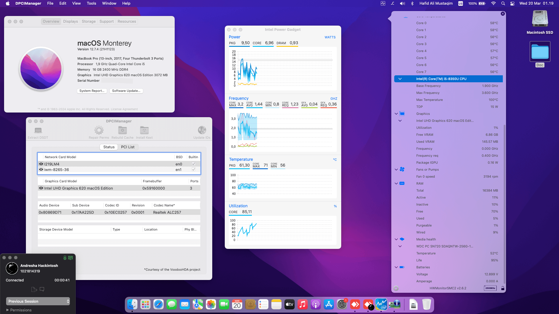 Success Hackintosh macOS Monterey 12.7.4 Build 21H1123 in Lenovo Thinkpad T480